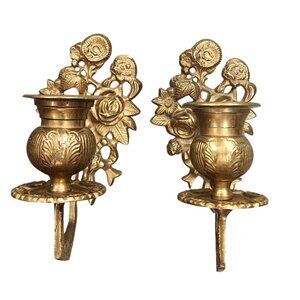 Vintage Brass Floral Wall Hanging Candle Sconces - Pair 20th Century Ornate Desi